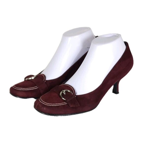 Stuart Weitzman Women's VTG US8,5M Burgund Suede Buckle Kitten Heels Pumps Shoes - Picture 1 of 16